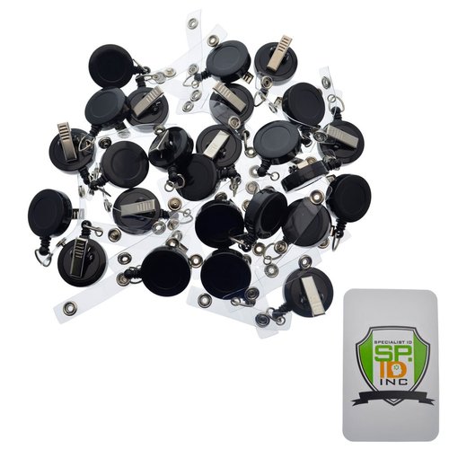 25 Pack - Bulk Premium Black Retractable Badge Reels with Alligator Swivel Clip & Vinyl Card Holder Strap by Specialist ID - Bulk Premium Black Retractable Name Badge Reels with Alligator Swivel Clip