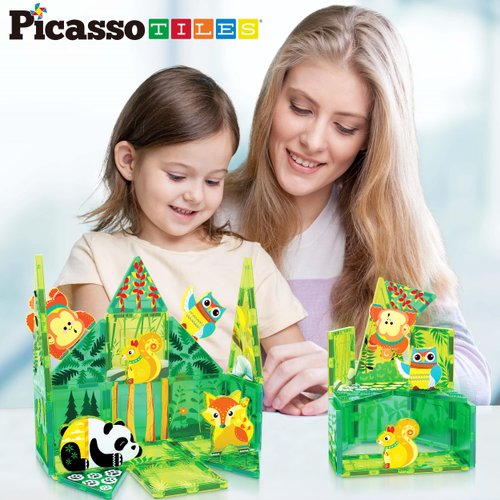 PicassoTiles Magnet Tile Building Blocks Forest Animal Themed Playset with 8 Character Action Figures Educational STEM Learning Construction Kit Pretend Play Magnetic Tiles Toddler Kids Ages 3+ PTQ26