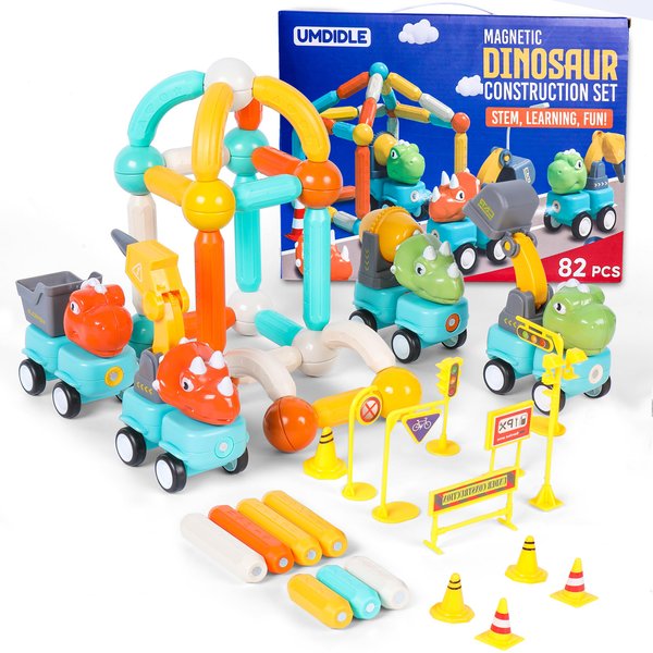 UMDIDLE 82pcs Magnetic Dinosaurs Construction Set, Magnet Toys for 3 4 5 Year Old, DIY Magnetic Building Blocks Sticks Toys for Learning STEM, Montessori Toys, Dinosaur Toys for Boys, Girls