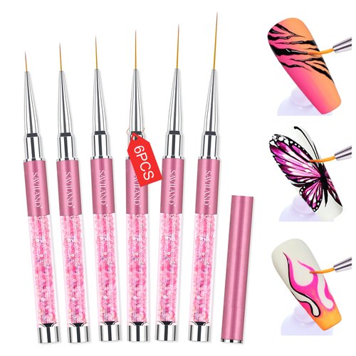 SAVILAND 6pcs Nail Art Liner Brushes Set: Nail Brush Gel Polish Painting Nail Art Design Brushes Pen with Crushed Diamond Rhinestone Handle for Pulling Lines,Sizes 7/9/11/13/17/23 mm