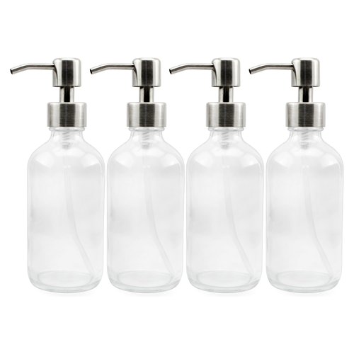 Cornucopia Brands 8-Ounce Clear Glass Boston Round Bottles w/Stainless Steel Lotion Pumps (4-Pack); Empty Refillable Liquid Soap & Lotion Bottles