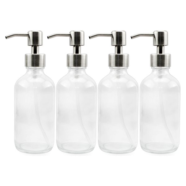 Cornucopia Brands 8-Ounce Clear Glass Boston Round Bottles w/Stainless Steel Lotion Pumps (4-Pack); Empty Refillable Liquid Soap & Lotion Bottles
