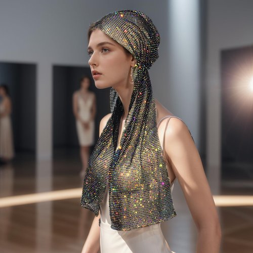 Munyee Hua Vintage Long Rhinestone Head Scarf for Women Bling Headpiece Elastic Snood Hijab Cap Mesh Crystal Turban Hats Headband Elegant Bridal Outfits Ball Party Dress(Colorful Black)