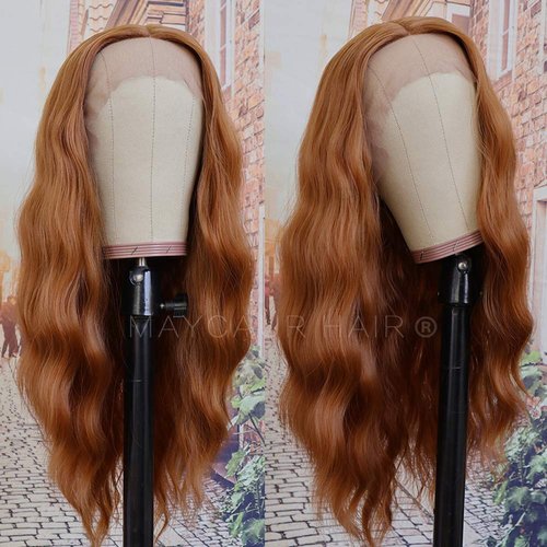 Maycaur Ginger Lace Front Wigs Long Wavy Hair Glueless Synthetic Lace Front Wigs for Fashion Women Reddish Brown Color Half Hand Tied Wigs Heat Resistant Soft Fiber Hair
