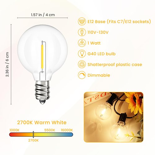 Svater G40 LED Replacement Bulbs for Outdoor String Lights, 25 Pack Dimmable Shatterproof Globe Bulbs, E12/C7 Screw Base Edison Light Bulbs for Indoor Outdoor Patio Decor, Warm White 2700K
