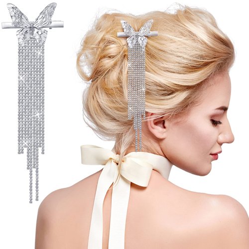 PAGOW 2 Pcs Butterfly Rhinestone Hair Clips Tassel crystal metal Duckbill clamps bridal wedding barrettes sparkly Accessories for Women Girls