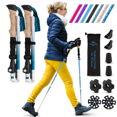 Walking Sticks for Women - 14.5" Foldable Hiking Poles for Backpacking, Exercising and Traveling, Set of 2 Aluminum Nordic Collapsible Trekking Poles (100-120cm, Light Blue)