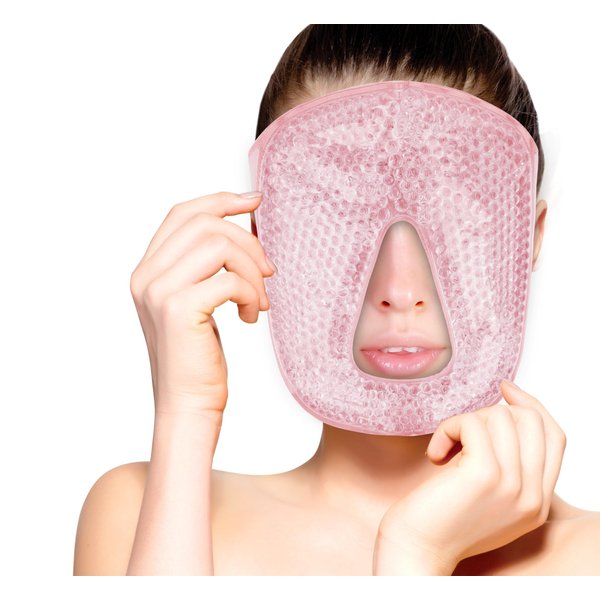 Hot and Cold Therapy Gel Bead Full Facial Mask by FOMI Care | Ice Face Mask for Migraine Headache, Stress Relief | Reduces Eye Puffiness, Dark Circles | Fabric Back (Full Face w/o Eye Holes Pink)