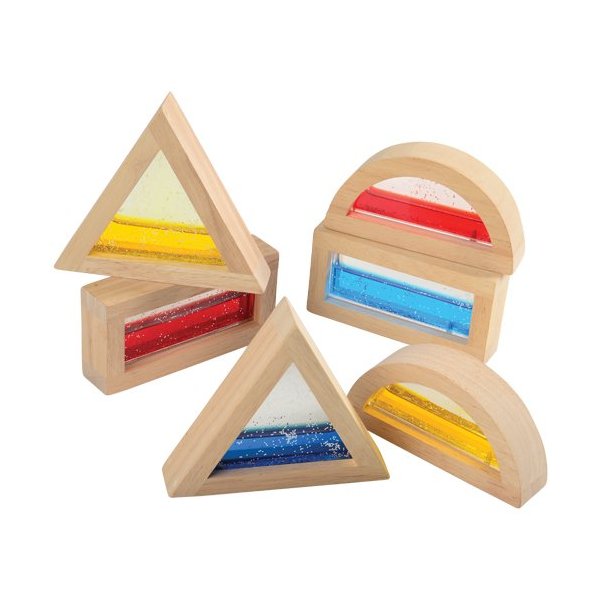 Constructive Playthings Glitter Water Building Blocks, Includes Rectangle, Triangle and Circle Shapes, Hardwood Frame, Toddler Toys for Interactive Play, Set of 6 Blocks, Ages 3 Years & Up