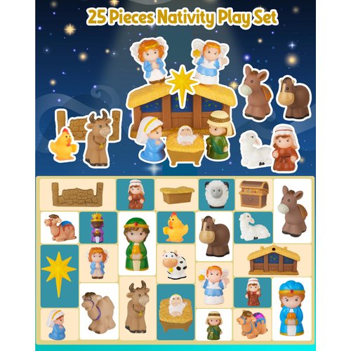 HARDWIND 25pcs Nativity Set for Kids, Christmas Story Playset Figurine, Little Nativity Toddler Toy, Nativity Scene Set for Children Ages 1 2 3 4 5 6+