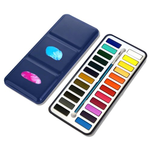Watercolor Paint Set - 24 Vivid Colors Watercolor Set For Kids And Adults,Lightweight & Portable Water Paint,Art Supplies Watercolor Blue Metal Box Paintbrush Included