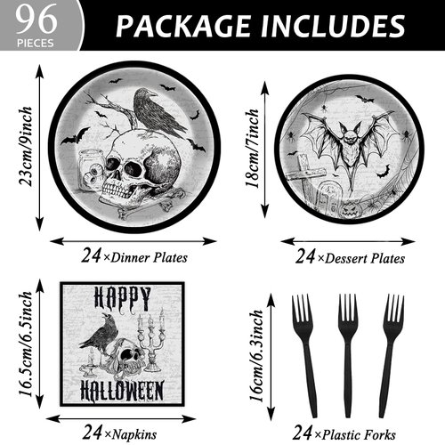 gisgfim 96 Pcs Halloween Plates and Napkins Party Supplies Vintage Skull Bat Dessert Paper Disposable Party Tableware Set Day of the Dead Ghost Halloween Birthday Decorations Favors for 24 Guests