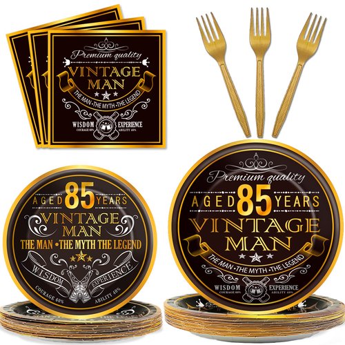 Wiooffen 96 Pcs Vintage 85th Party Tableware Set Back in 1939 85th Theme Birthday Party Table Decoration Supplies Cheers to 85 Years Paper Plate Napkin Fork 24 Guests for Men