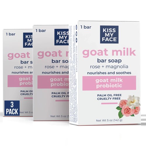 Kiss My Face Goat Milk Bar Soap, With Goat Milk and Probiotics, Nourishes and Soothes, Bar Soaps for Hands and Body, Cruelty Free and Palm Oil Free, Rose and Magnolia Scents, Pack of 3