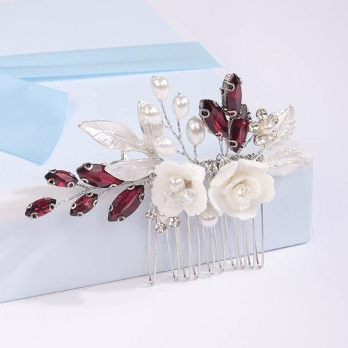 Missgrace Wedding Crystal Pearl Leaf Rhinestones Hair Comb, Silver Wine Red, Bridal Flower Side Hair Accessory for Brides Women