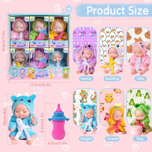 Carreuty 6 Set Mini Baby Dolls 4 Inch Reborn Baby Dolls Set Cute Small Baby Doll Toys with Handmade Hooded Robe Washable PVC Material Slepping Baby Doll Birthday Present for Girls and Boys Age 3+