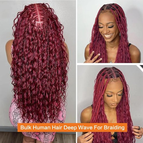 Peenoll Burgundy Braiding Human Hair 100g 20 Inch 99J Burgundy Deep Water Wave Bulk Human Hair for Braiding No Weft Brazilian Virgin Curly Human Hair Extensions for Boho Braids