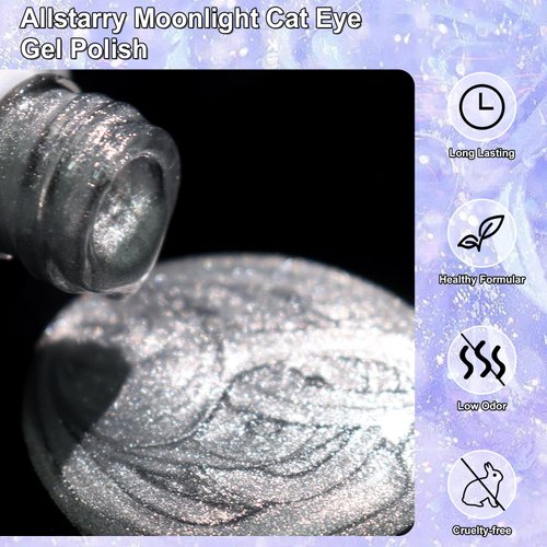 Allstarry Cat Eye Gel Nail Polish, 15ml/0.5fl oz Bright Silver Magnetic Gel Polish UV LED Curing Soak Off Home DIY Nail Salon Manicure Kit with Magnet for Shimmer Velvet Nail Art - White Moonligh