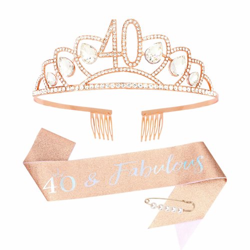 Amariver 40th Birthday Sash and Crown for Women Rose Gold Birthday Crown 40&Fabulous Birthday Sash Rhinestones Birthday Tiara Happy Birthday Crown Glitter Sash Birthday Decoration for Party Gifts