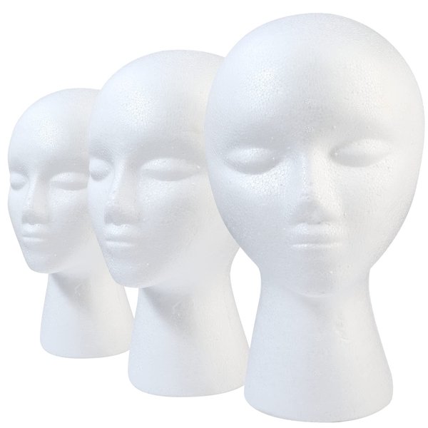 GliSun 3 Pcs Foam Wig Head, Styrofoam Mannequin Head with Female Face for Foam Head Wigs Multipurpose Wigs Display Stand, Model, Mask, Hat Display Stand, Art Work Painting and Display