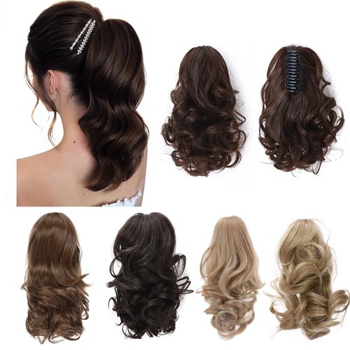 Benehair Ponytail Extension Clip in Claw Hair Piece 12" Long Curly Wavy Ponytail Hair Extensions Natural Looking Synthetic Hairpiece for Women Medium Brown