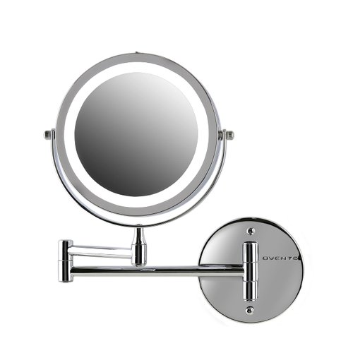OVENTE 6.8" Lighted Wall Mount Makeup Mirror, 1X & 10X Magnifier, Adjustable Double Sided Round LED, Extend, Retractable & Folding Arm, Compact & Cordless, Battery Powered Polished Chrome MFW70CH1X10X