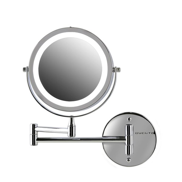 OVENTE 6.8" Lighted Wall Mount Makeup Mirror, 1X & 10X Magnifier, Adjustable Double Sided Round LED, Extend, Retractable & Folding Arm, Compact & Cordless, Battery Powered Polished Chrome MFW70CH1X10X