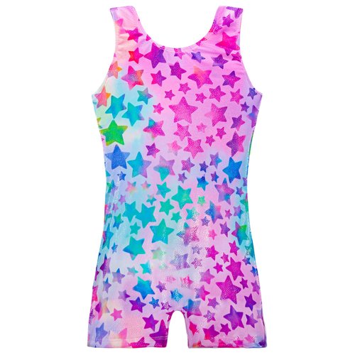 TENVDA Girls Gymnastics Leotards Size 5-6 Years Hotpink Stars Sparkly Classic One-Piece Sleeveless Kids Biketard Unitard