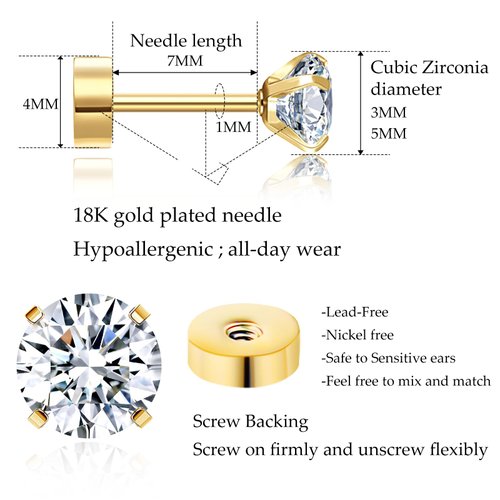2 Pairs Flat Back Earrings for Women Multipack | 18K Gold Earrings | Helix Earrings | Cartilage Earring | Nickel Free Hypoallergenic Earrings | Cubic Zirconia Earrings Studs(3mm+5mm, Gold)