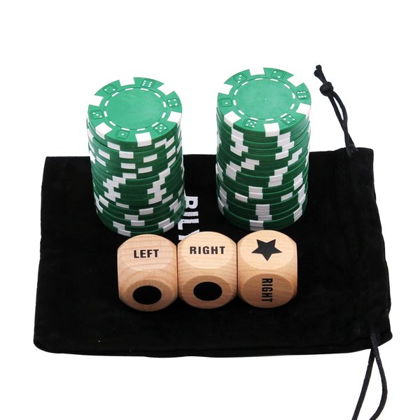 Bilywey Left Right Center Dice Game Set with 3Pcs Beech Wood Dices + 36Pcs 11.5g Poker Chips (Green)