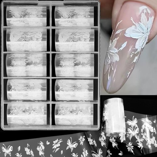 10 Roll/Box White Flowers Nail Foil Transfer Paper Hand-painted Lace Flower Nail Stickers for Nail Art Supplies Flower Petals Butterfly Transfer Stickers for Nails Floral Nail Decals Flower Nail Foils