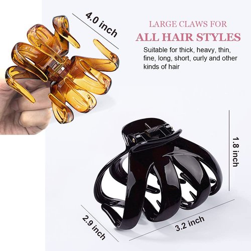 MAORULU Big Claw Hair Clips for Women and Girls, Strong Hold, 6 Packs (Black, Clear, Tortoise)