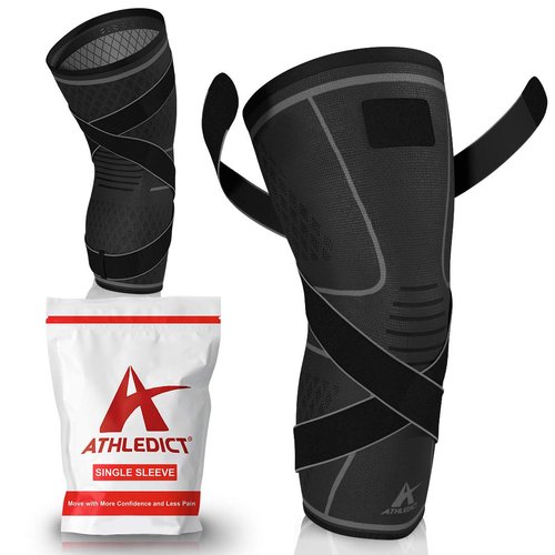 ATHLEDICT Knee Brace Compression Sleeve with Strap for Best Support & Pain Relief for Meniscus Tear, Arthritis, Running, Basketball, MCL, Jogging and Recovery for Men & Women (Black, Medium)