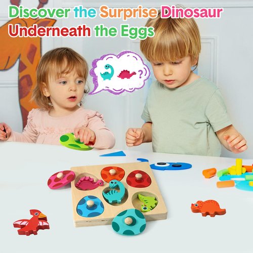 Montessori Toys for 1 2 3 Year Old Boys Girls, Wooden Puzzles for Toddler 2-4 Year Old Preschool Learning Toys, Dinosaur Eggs Peg Puzzles, Gifts for 1+ Year Old Birthday Easter Basket Stuffers