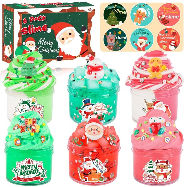 6 Pack Christmas Slime Kit, with 2 Butter Slime and 2 Cloud Slime and 2 Jelly Cube Crunchy Slime, Soft & Stretchy, Birthday Gifts for Kids, Christmas Party Favors for Girls and Boys