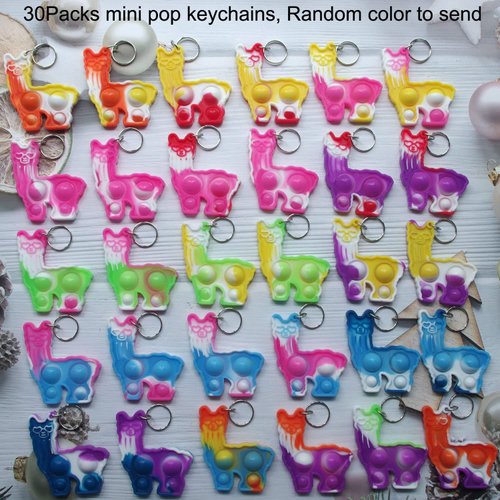 30 Packs Rainbow Bulk Cute Llamas Alpaca Mini Pop Fidget Keychain Bubble Gift for Adult Boy Girl Kids Party Favors , Durable Stress Relief Students Classroom Prize Supplies
