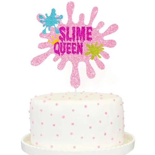 Slime Queen Cake Topper Pink Glitter Happy Birthday Colorful Slime Shape Art Theme Party Decor Picks for Baby Shower Birthday Party Decorations Supplies