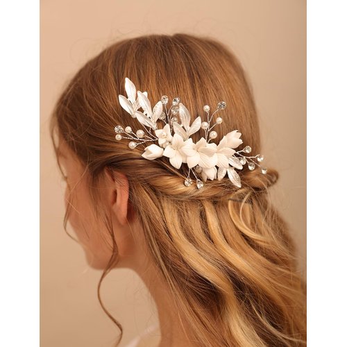 Teyglen Dainty Flower Wedding Hair Comb Bridal Silver Leaf Crystal Pearl Hair Pieces Side Comb for Bride Floral Rhinestone Headpieces Hair Accessories for Women Girls