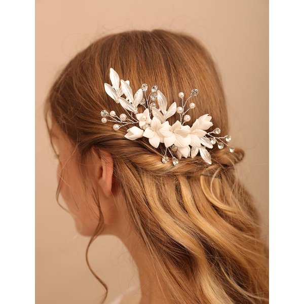 Teyglen Dainty Flower Wedding Hair Comb Bridal Silver Leaf Crystal Pearl Hair Pieces Side Comb for Bride Floral Rhinestone Headpieces Hair Accessories for Women Girls