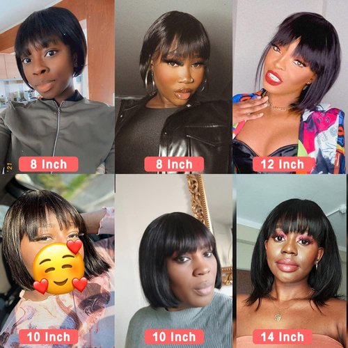 Rebasar Short Bob Wigs Human Hair 8 Inch Glueless Wear and Go Bob Wig With Bangs Human Hair Wigs for Black Women Human Hair Brazilian Straight Hair None Lace Front Natural Black Wig