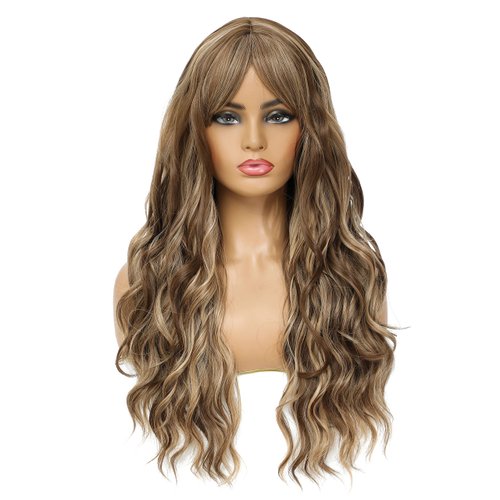 SWACC Long Curly Wavy Wig with Bangs Synthetic Hair Wig for Women with Wig Cap (Brown Blond Highl...