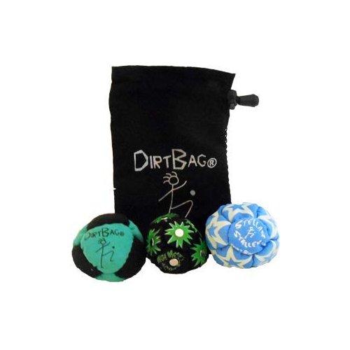 DIRTBAG All Star Footbag Hacky Sack 3 Pack with Pouch, 100% Handmade, Premium Quality, Bright Vivid Colors, Signature Carry Bag - Green/Black