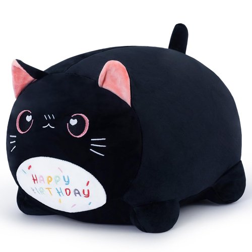 Sausudols 9.8'' Cat Plush Stuffed Animals Birthdays Gifts, Black Cat Plush Pillow Soft Kitty Plushie, Chubby Plush Toy Birthday Gifts for Kids Girlfriend