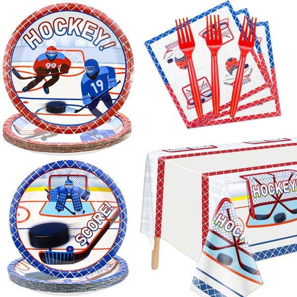 Hegbolke Hockey Party Supplies Serve 20-81Pcs Plates Napkins Tablecloth Forks Set for Kid's Hockey Fans Birthday Gameday Hockey Theme Party Decorations
