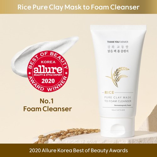 THANKYOU FARMER Rice Pure 2-IN-1 Korean Clay Mask to Foam Cleanser 5.27 fl.oz, Removes Excess Oil, Removing Dead Skin Cells, Soft Skin, Pore Purifying, Dermatologist Tested Korean Face Wash