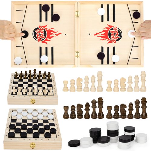 TooyBing 4 in 1 Fast Foldable Slingshot Puck Game with Chess Board and Checkers Board Game and Tic Tac Toe Game, Wooden Hockey Games for Family Night, Table Games for Adults and Kids