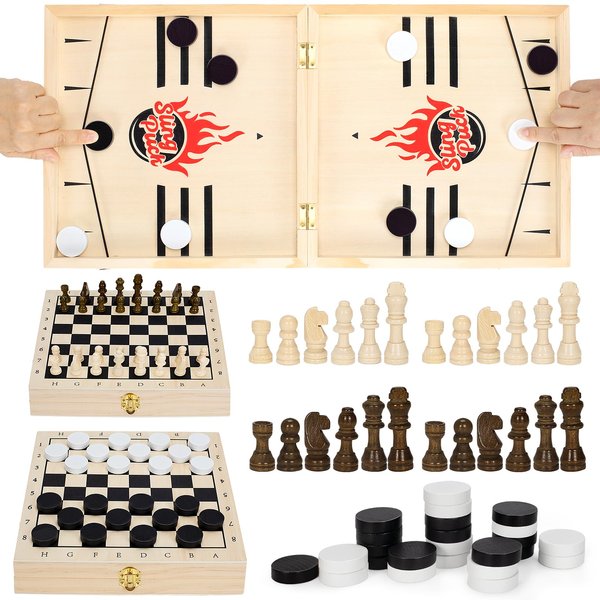 TooyBing 4 in 1 Fast Foldable Slingshot Puck Game with Chess Board and Checkers Board Game and Tic Tac Toe Game, Wooden Hockey Games for Family Night, Table Games for Adults and Kids