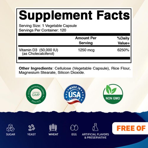 Vitamatic Vitamin D3 50,000 IU (as Cholecalciferol), Once Weekly Dose, 1250 mcg, 120 Veggie Capsules, Progressive Formula Helping Vitamin D Deficiencies