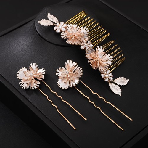 Teyglen Flower Bridal Hair Comb Hair Pins Leaf Bride Wedding Hair Comb Gold Silver Flower Leaf Headpiece Flower Hair Comb Clips Hair Accessories for Women Flower Girls (Gold)