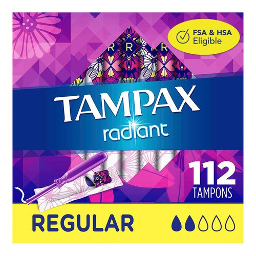 Tampax Radiant Plastic Tampons, Regular Absorbency, Unscented, 28 Count (Pack of 4) (112 Count Total) (Packaging May Vary)